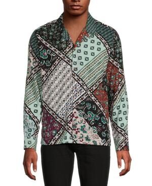 $195 NWT RAGA Floral Geometric Print Camp Long Sleeve Front Button Mint Shirt S